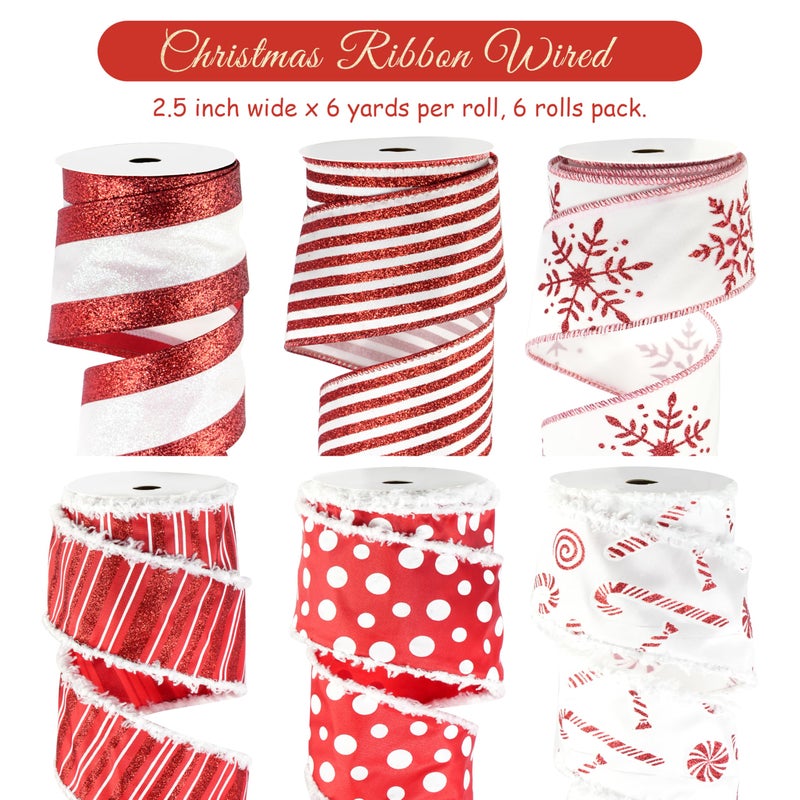 MAYREEL 2.5 Inch Red and White Christmas Ribbon Wired Candy Cane for Christmas Trees Wreaths Tree Toppers Crafts Home Decor Gift Wrapping 6 Rolls Total 36 Yards - Image 2